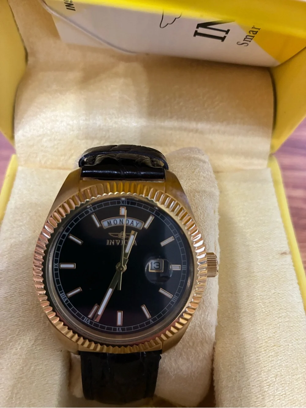 Invicta Gold-Tone Case Black Dial Ladies Watch with Black Strap
